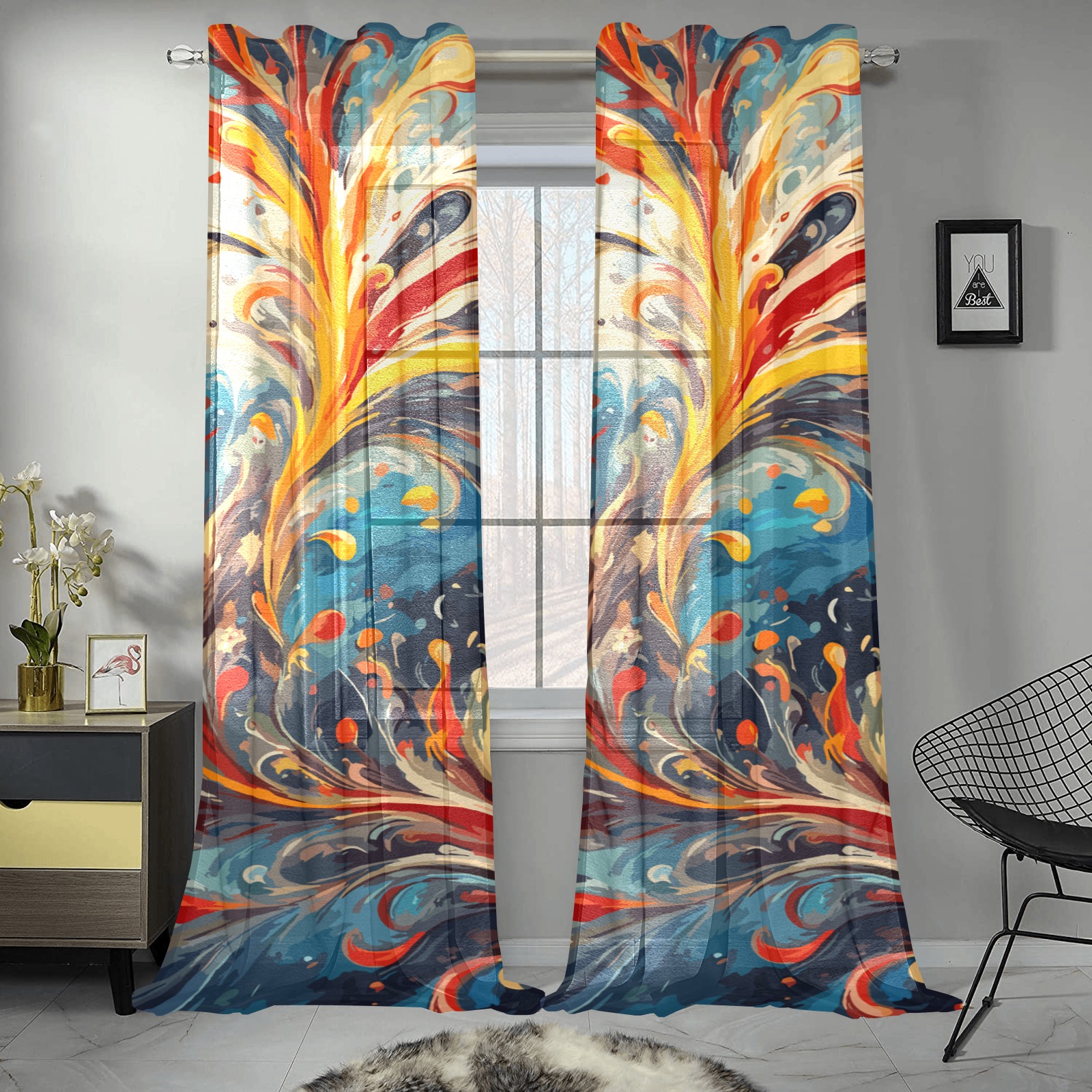 Increadible decorative floral ornamental art. Gauze Curtain 28"x95" (Two-Piece)