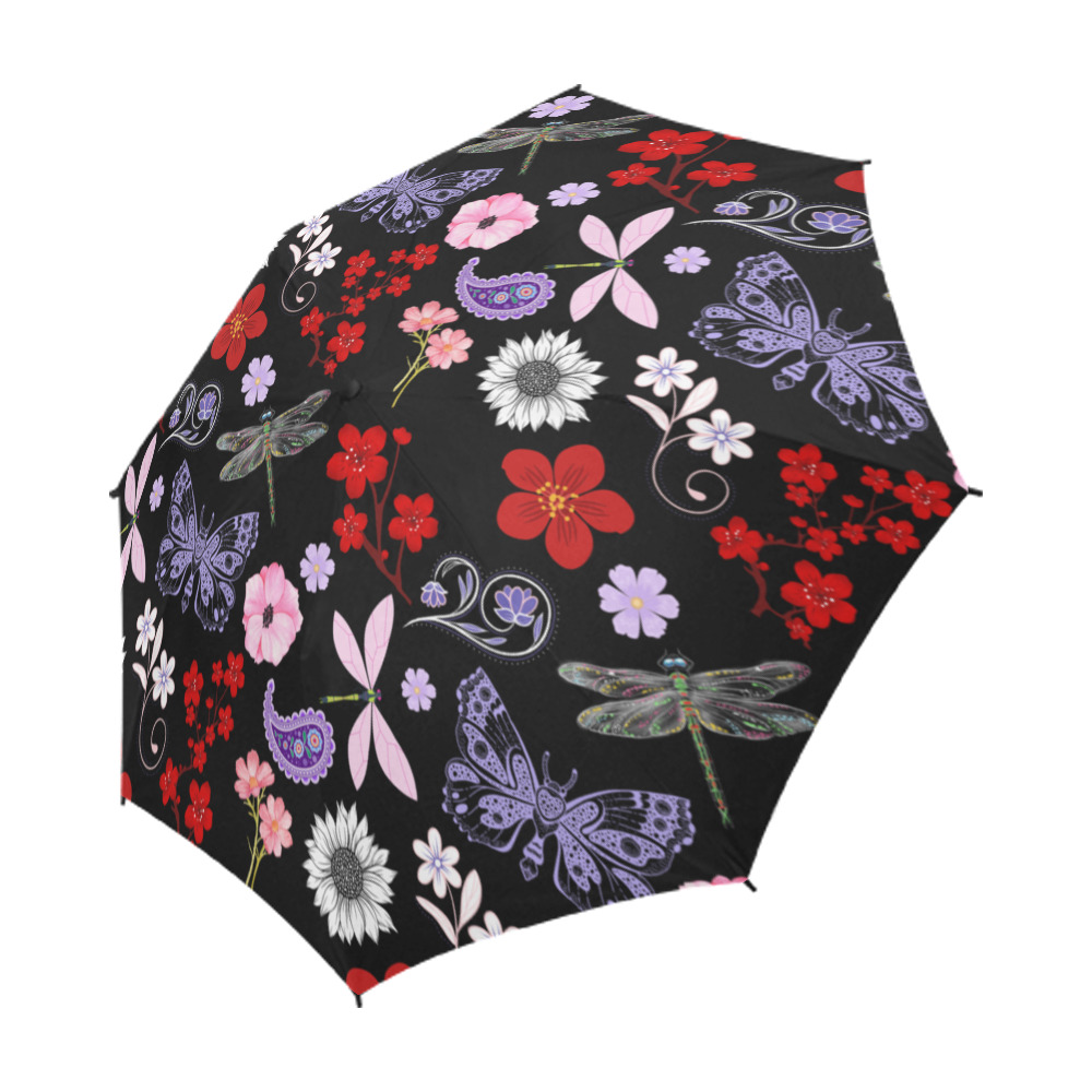 Black, Red, Pink, Purple, Dragonflies, Butterfly and Flowers Design Semi-Automatic Foldable Umbrella (Model U05)