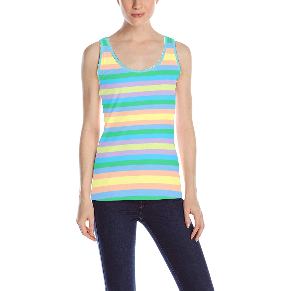 Blue Pink Yellow Green Stripes All Over Print Tank Top for Women (Model T43)