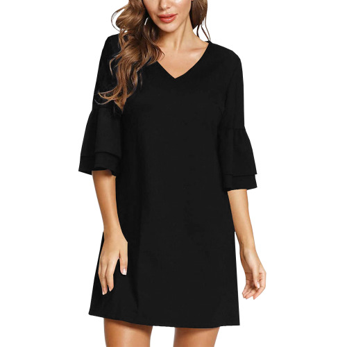 BLACK Half Sleeves V-Neck Mini Dress (Model D63)