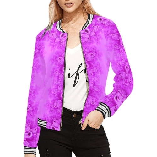 Soft Violet Flowers Frost Fractal All Over Print Bomber Jacket for Women (Model H21)