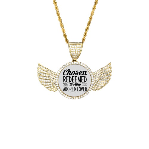 Chosen Redeemed Worthy Adored Loved Wings Gold Photo Pendant with Rope Chain