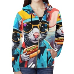 HOT DOG EATING NYC RAT 2 All Over Print Full Zip Hoodie for Women (Model H14)