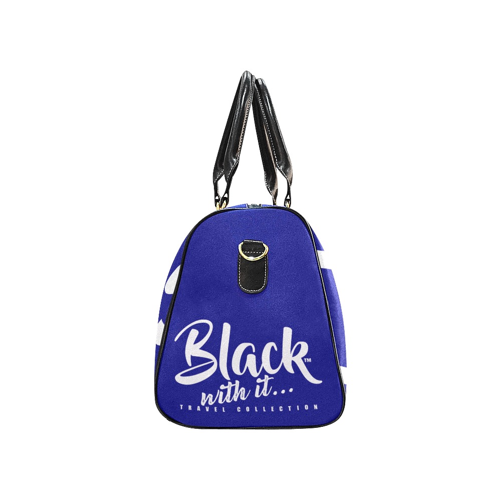 BWi Travel Bag: Navy Blue w/White Font (Black Leather Straps) New Waterproof Travel Bag/Large (Model 1639)