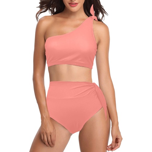 color tea rose High Waisted One Shoulder Bikini Set (Model S16)