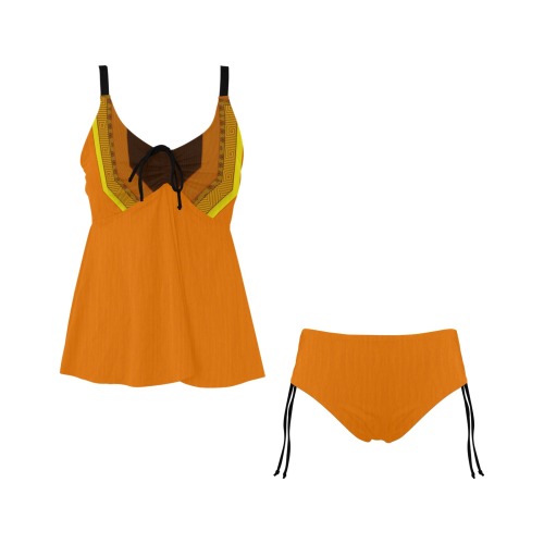 Ethnic Orange, Brown, Rust and Yellow Chest Drawstring Swim Dress (Model S30)