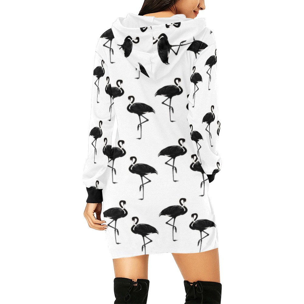 Flamingos Pattern Black and White All Over Print Hoodie Mini Dress (Model H27)