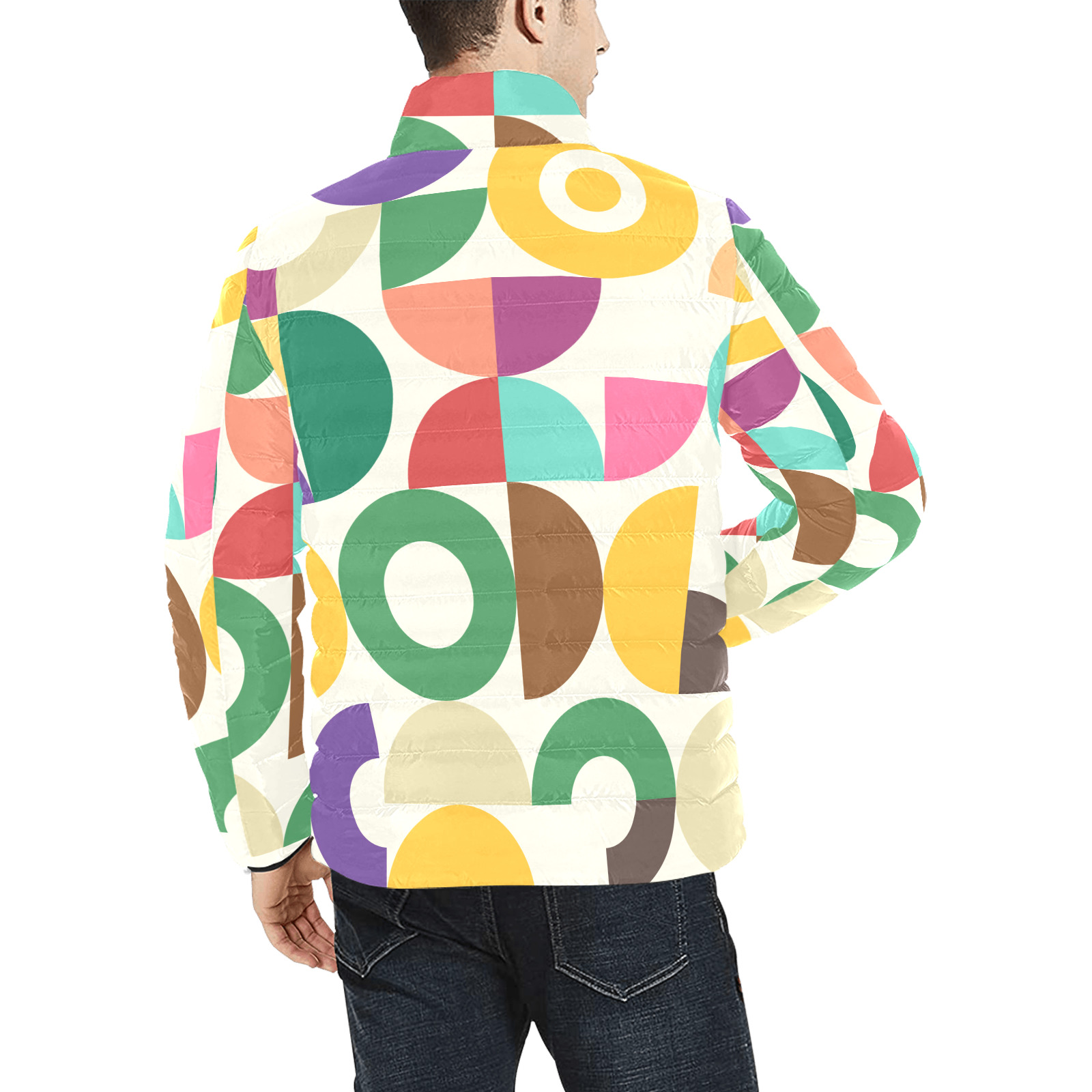 Retro Semi Circle Bauhaus Textile Pattern Men's Stand Collar Padded Jacket (Model H41)