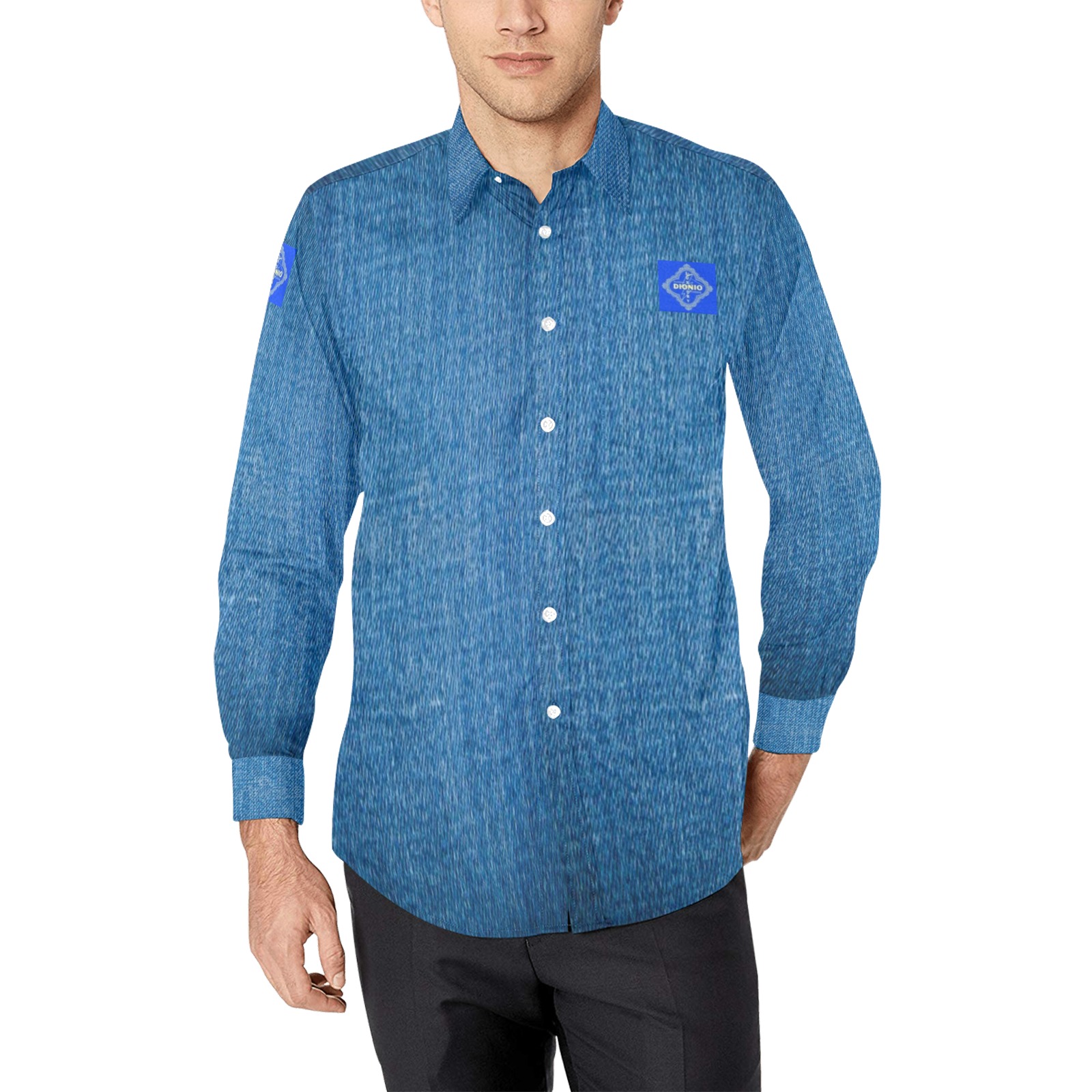 DIONIO Clothing - Blue Denim Look Casual Dress Shirt (Blue Shield Logo) Men's All Over Print Casual Dress Shirt (Model T61)