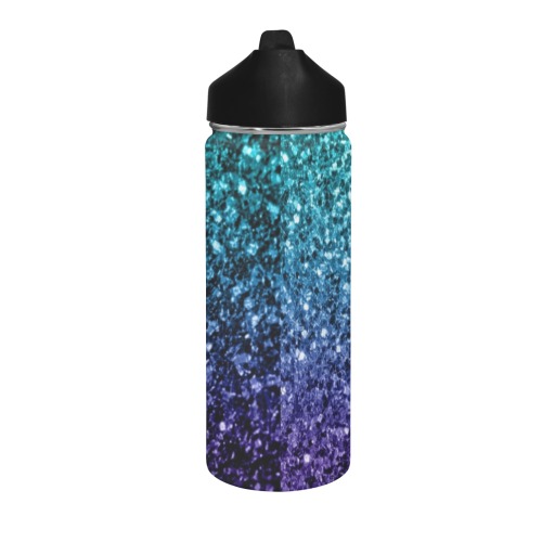 Aqua blue ombre faux glitter sparkles beautiful girly shiny bling design for her Insulated Water Bottle with Straw Lid (18 oz)