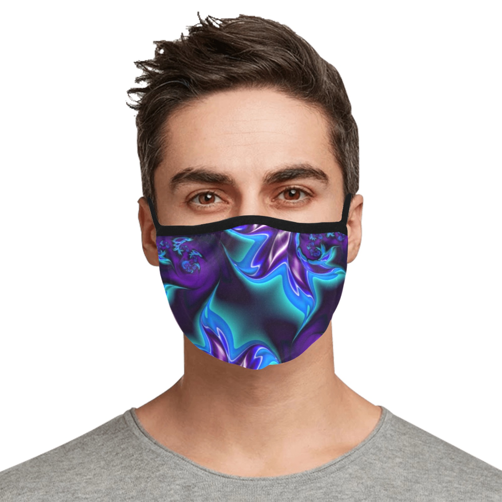 Aqua Blue and Purple Flowers Fractal Abstract Elastic Binding Mouth Mask for Adults (Model M09)