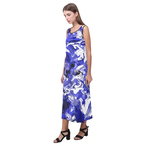 Black, White and Blue Abstract Phaedra Sleeveless Open Fork Long Dress (Model D08)