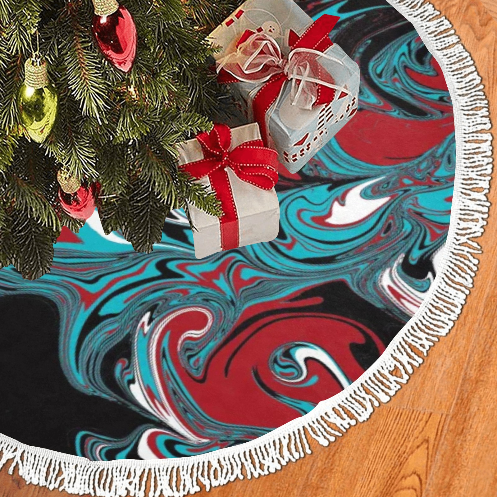 Dark Wave of Colors Thick Fringe Christmas Tree Skirt 36"x36"