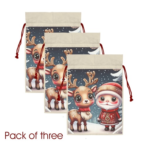 Santa and Reindeer 3 Pack Santa Claus Drawstring Bags (Two Sides Printing)