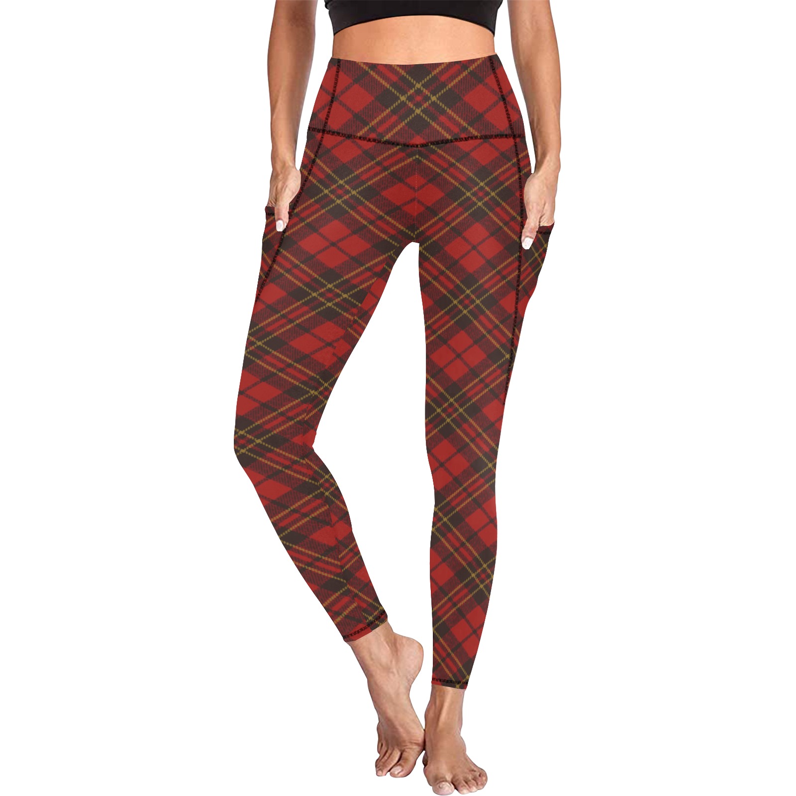 Red tartan plaid winter Christmas pattern holidays Women's All Over Print Leggings with Pockets (Model L56)
