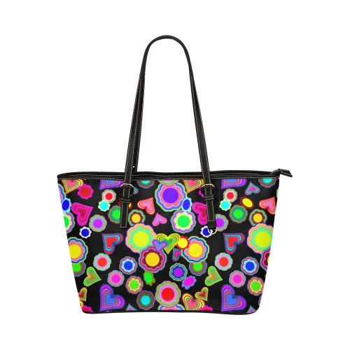 Groovy Hearts and Flowers Black Leather Tote Bag/Large (Model 1651)