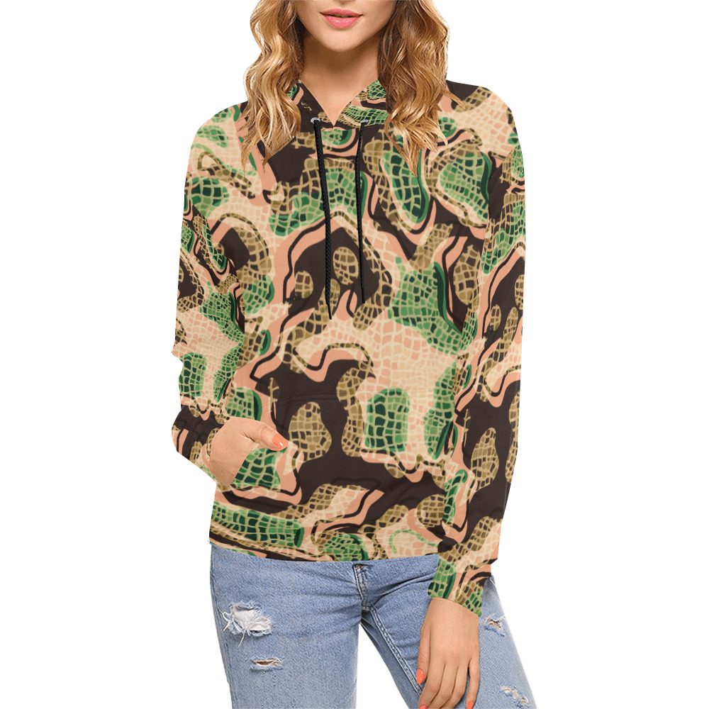 Modern Fashion Military Anaconda Camouflage All Over Print Hoodie for Women (USA Size) (Model H13)