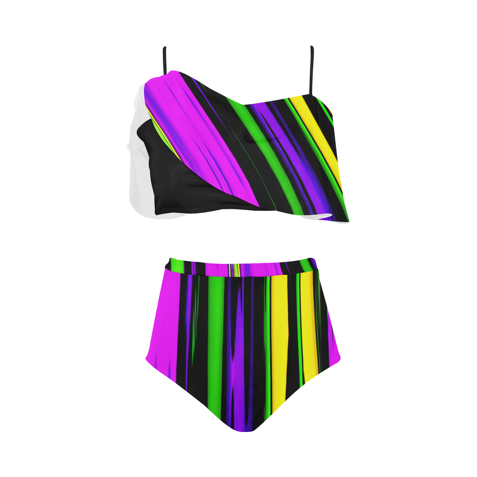 Mardi Gras Stripes High Waisted Ruffle Bikini Set (Model S13)