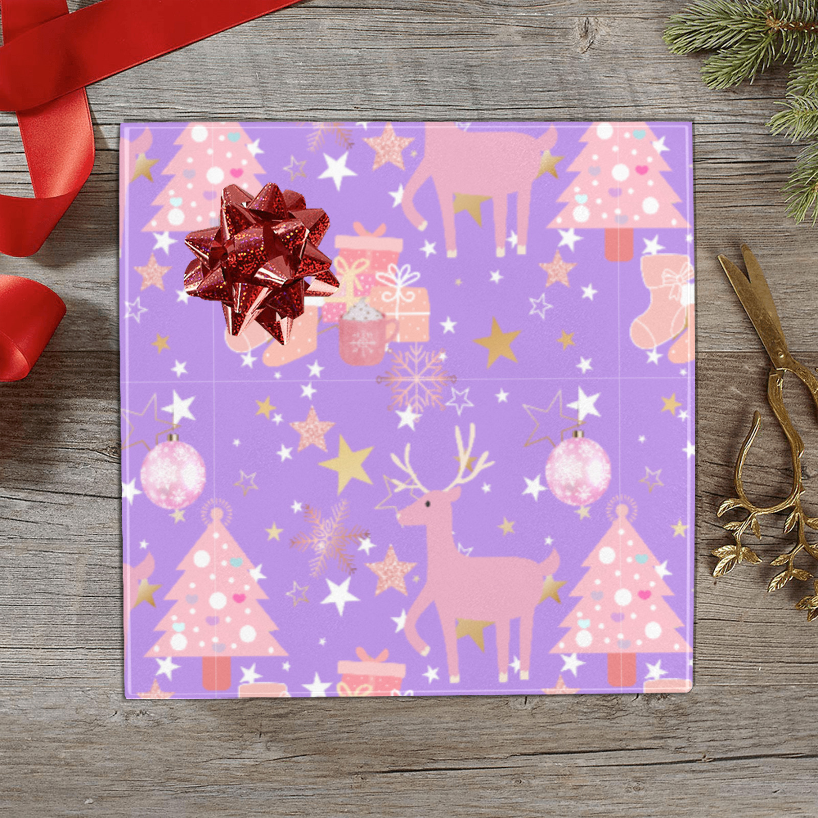 Pink and Purple and Gold Christmas Design Gift Wrapping Paper 58"x 23" (1 Roll)