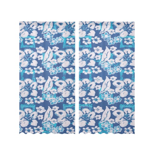 Blue White floral Unique Gauze Curtain 28"x84" (Two-Piece)