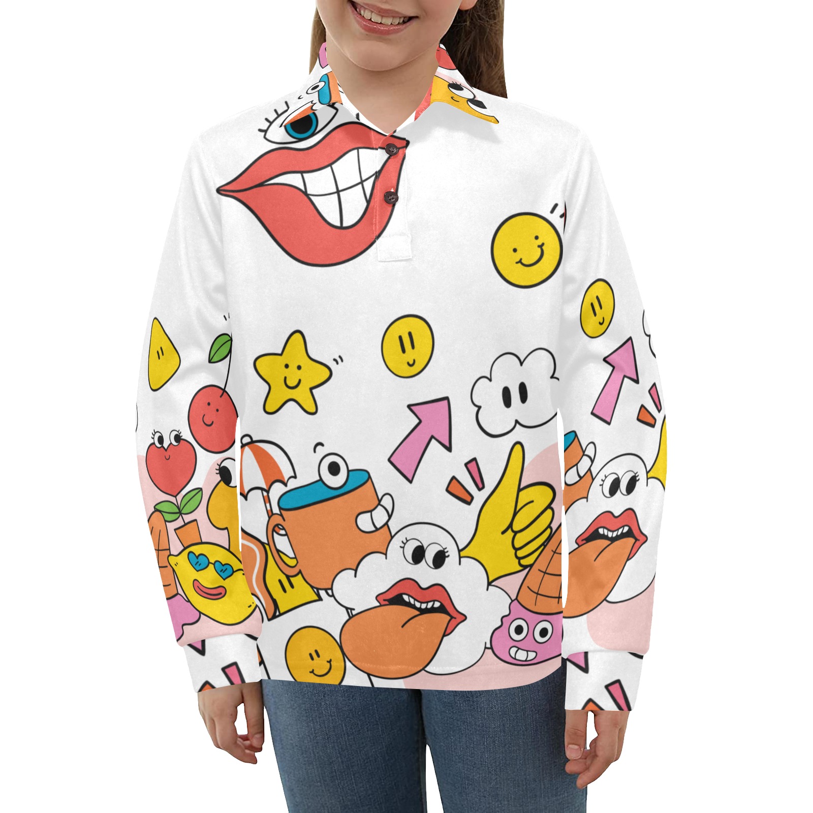 cartoon covers collection6 Big Girls' All Over Print Long Sleeve Polo Shirt (Model T73)