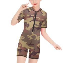 Camo Dark Brown Girls' Short-Sleeve One-Piece Swimsuit (Model S19)