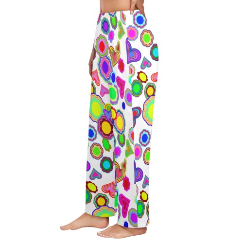 Groovy Hearts and Flowers White Women's Pajama Trousers without Pockets