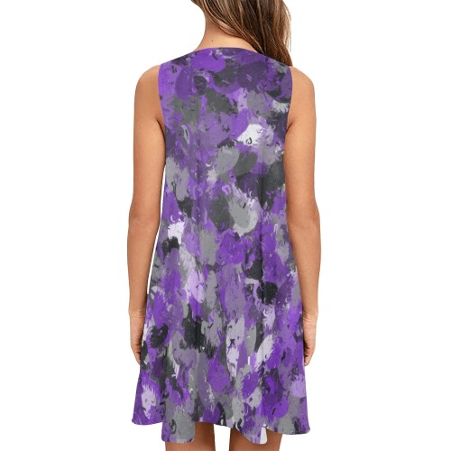 Purple, Gray and Black Paintballs Sleeveless A-Line Pocket Dress (Model D57)