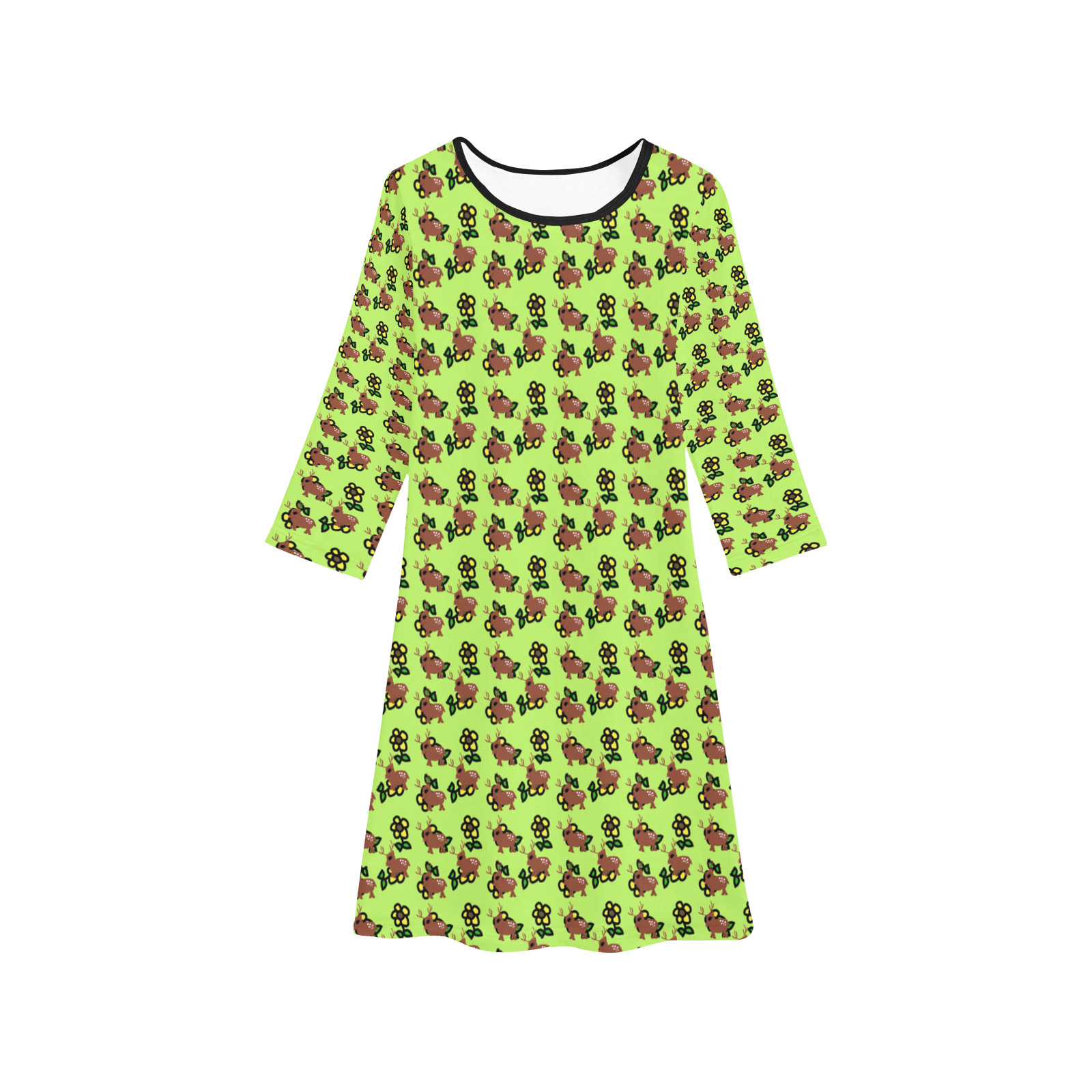 cute deer pattern green Girls' Long Sleeve Dress (Model D59)