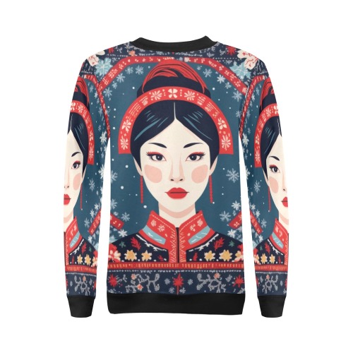 Stylish Chinese woman and snowflakes winter art. All Over Print Crewneck Sweatshirt for Women (Model H18)