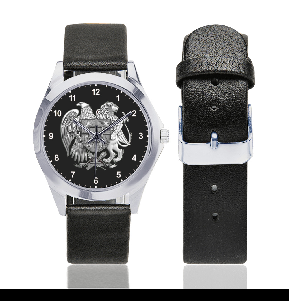 Coat of Arms Unisex Silver-Tone Round Leather Watch (Model 216)