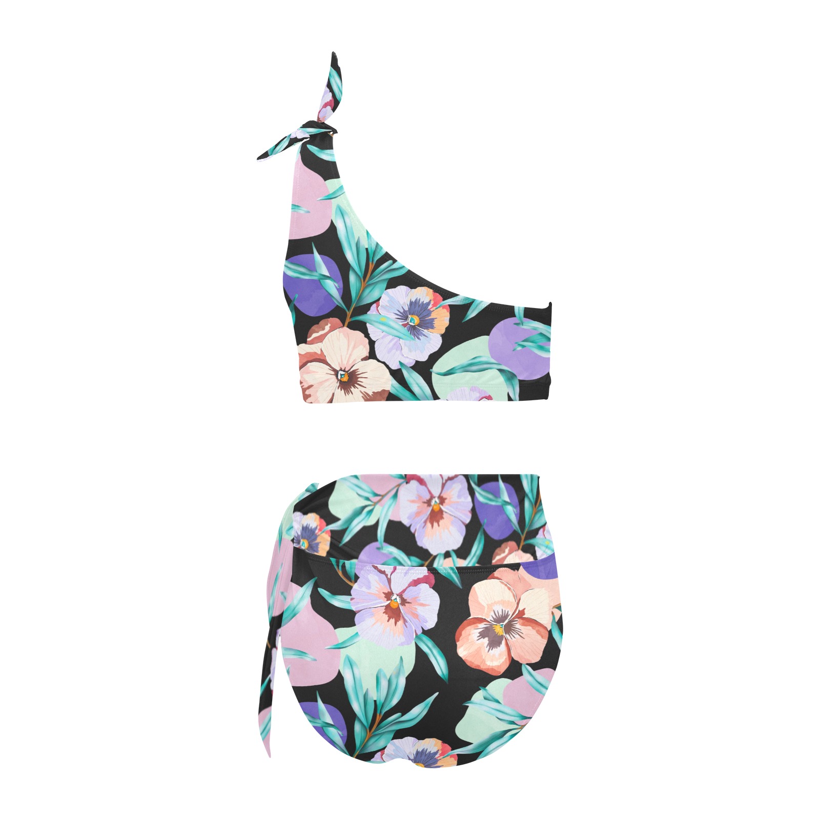 Dark modern tropical floral PD High Waisted One Shoulder Bikini Set (Model S16)