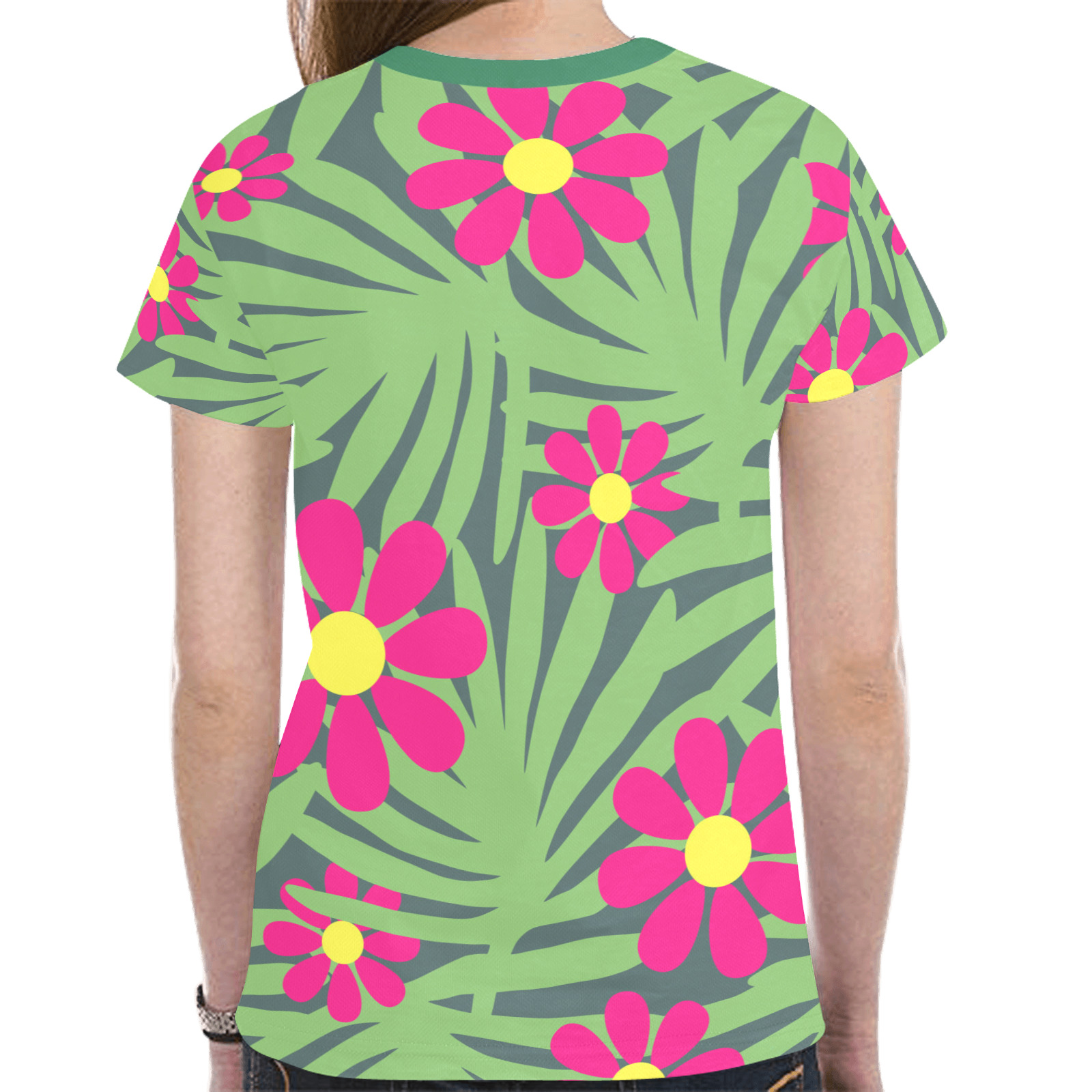 Pink Exotic Paradise Jungle Flowers and Leaves New All Over Print T-shirt for Women (Model T45)