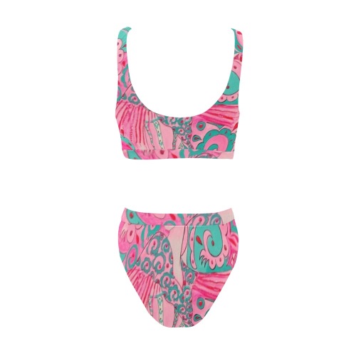 Pink and aqua doodle Sport Top & High-Waisted Bikini Swimsuit (Model S07)