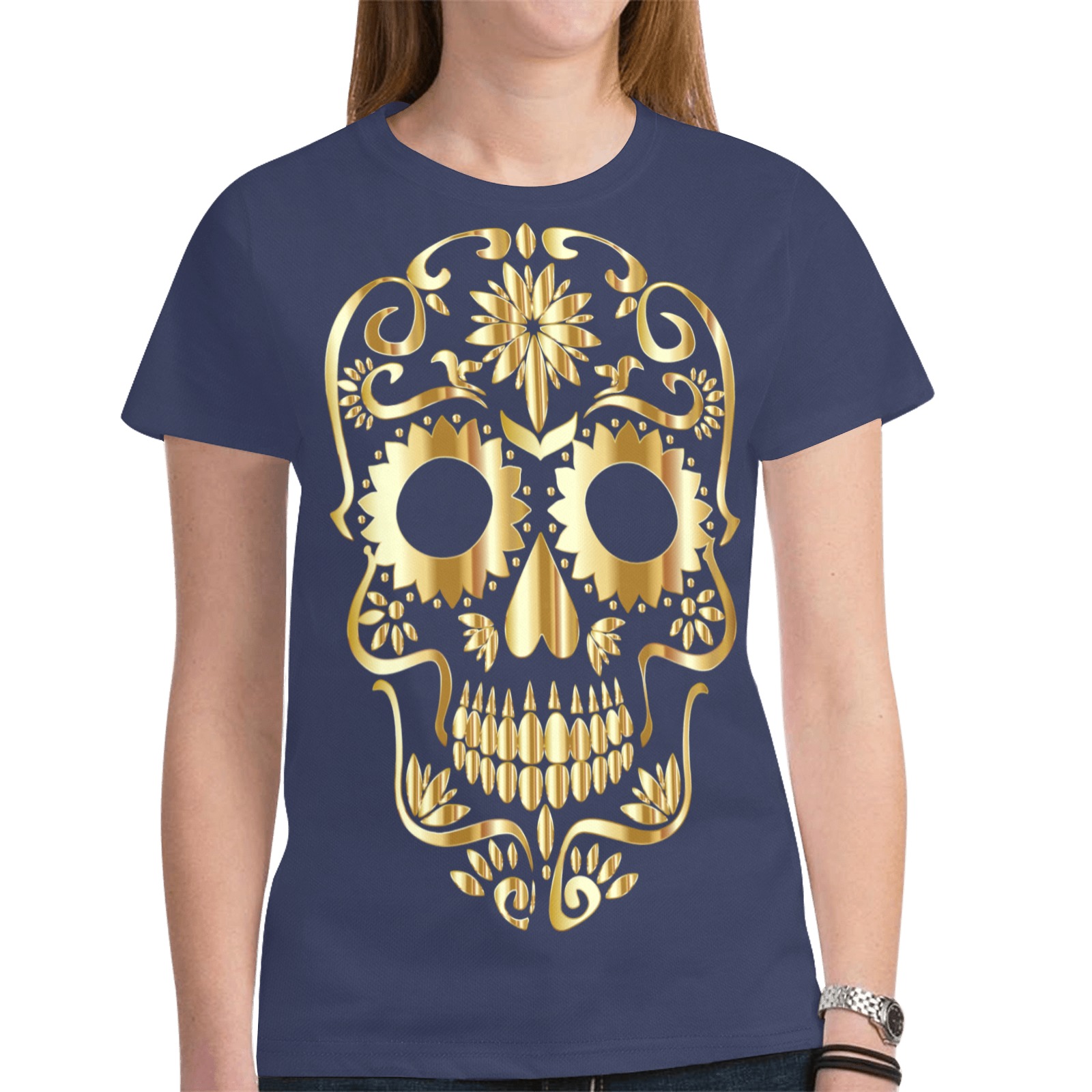 Golden Sugar Skull Dark Blue New All Over Print T-shirt for Women (Model T45)