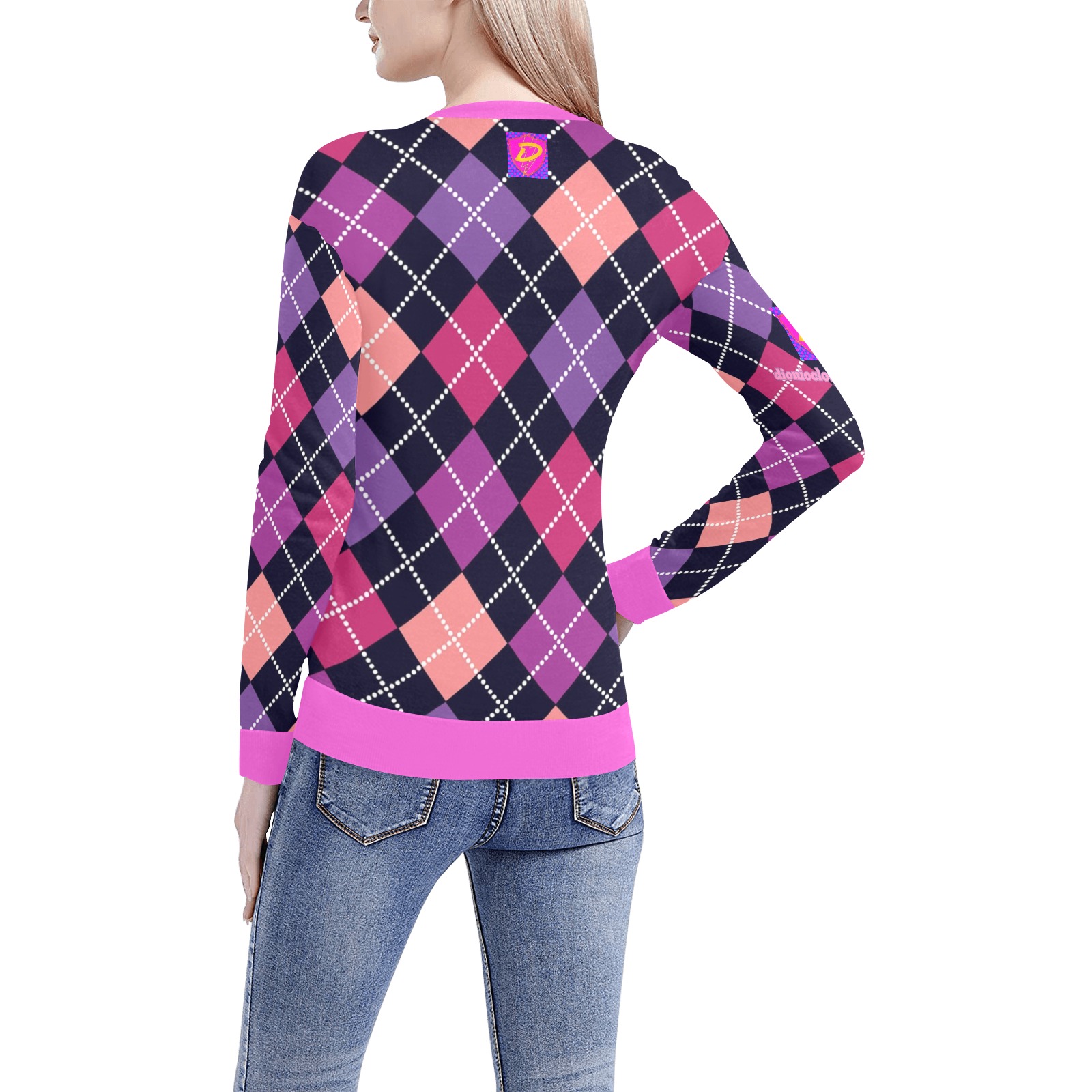 DIONIO Clothing - Ladies' Argyle Pink,Black & Lavender V-Neck Sweater (Pink D-Shield Logo) Women's All Over Print V-Neck Sweater (Model H48)