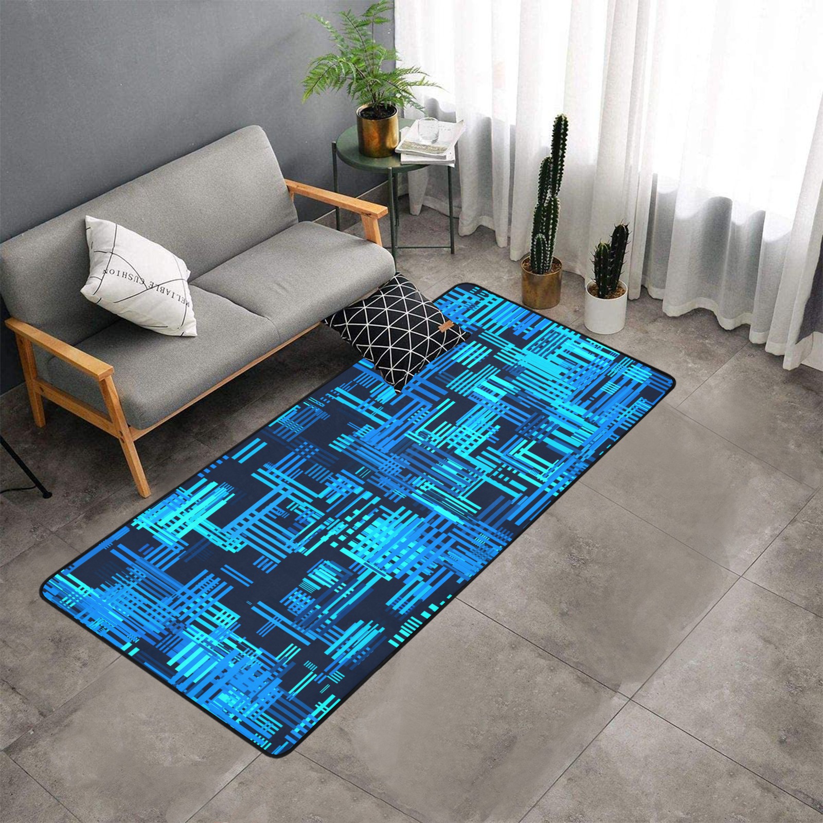 Crosshatch Pattern (Blue) Area Rug with Black Binding  7'x3'3''