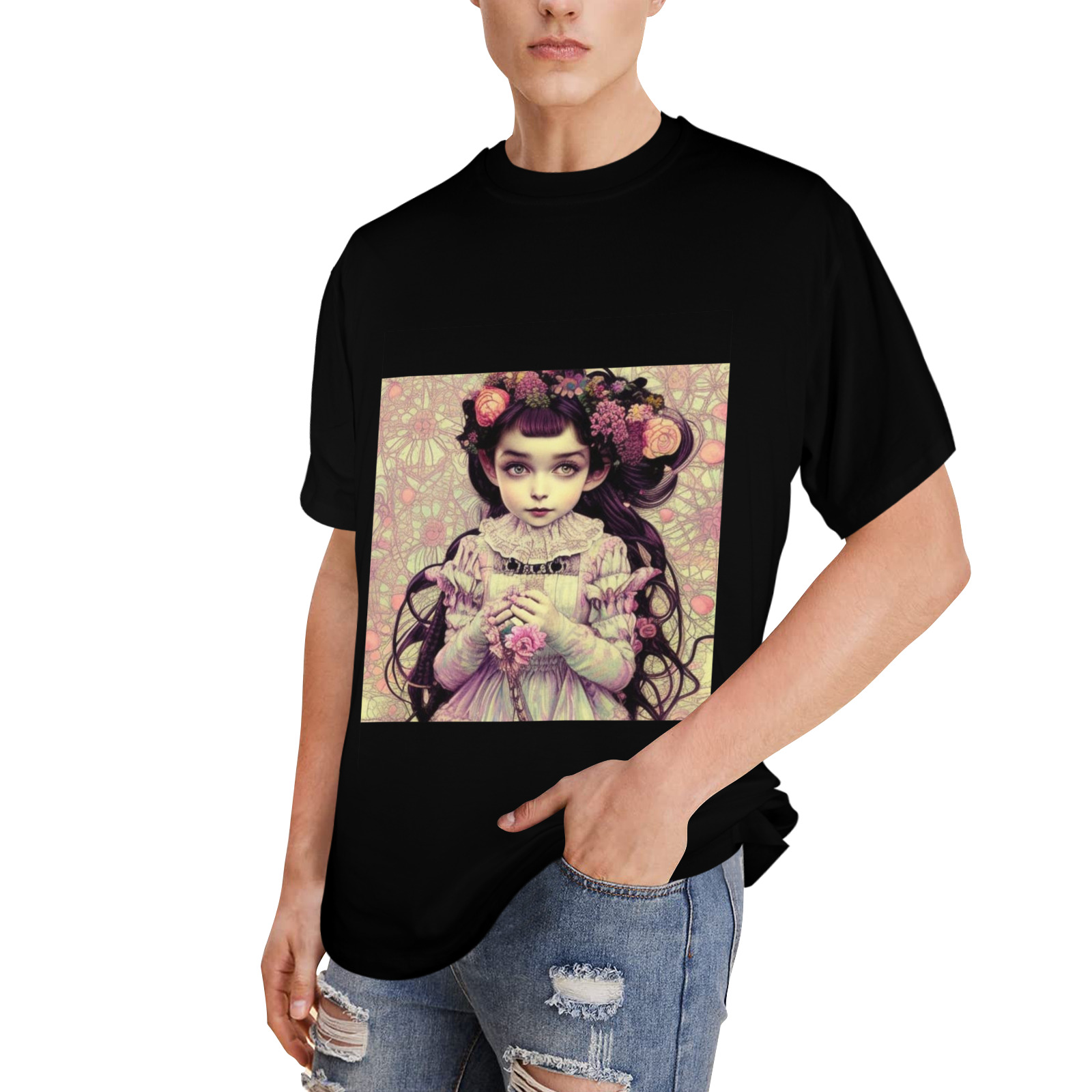 pretty girl with orange pink  knit flowers and long hair Men's Glow in the Dark T-shirt (Front Printing)