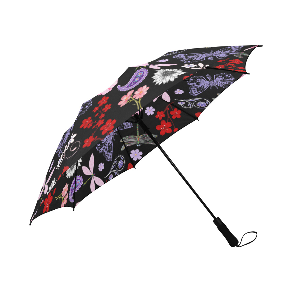 Black, Red, Pink, Purple, Dragonflies, Butterfly and Flowers Design Semi-Automatic Foldable Umbrella (Model U05)