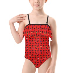 Black Cats Wearing Bow Ties - Red Kids' Spaghetti Strap Ruffle Swimsuit (Model S26)