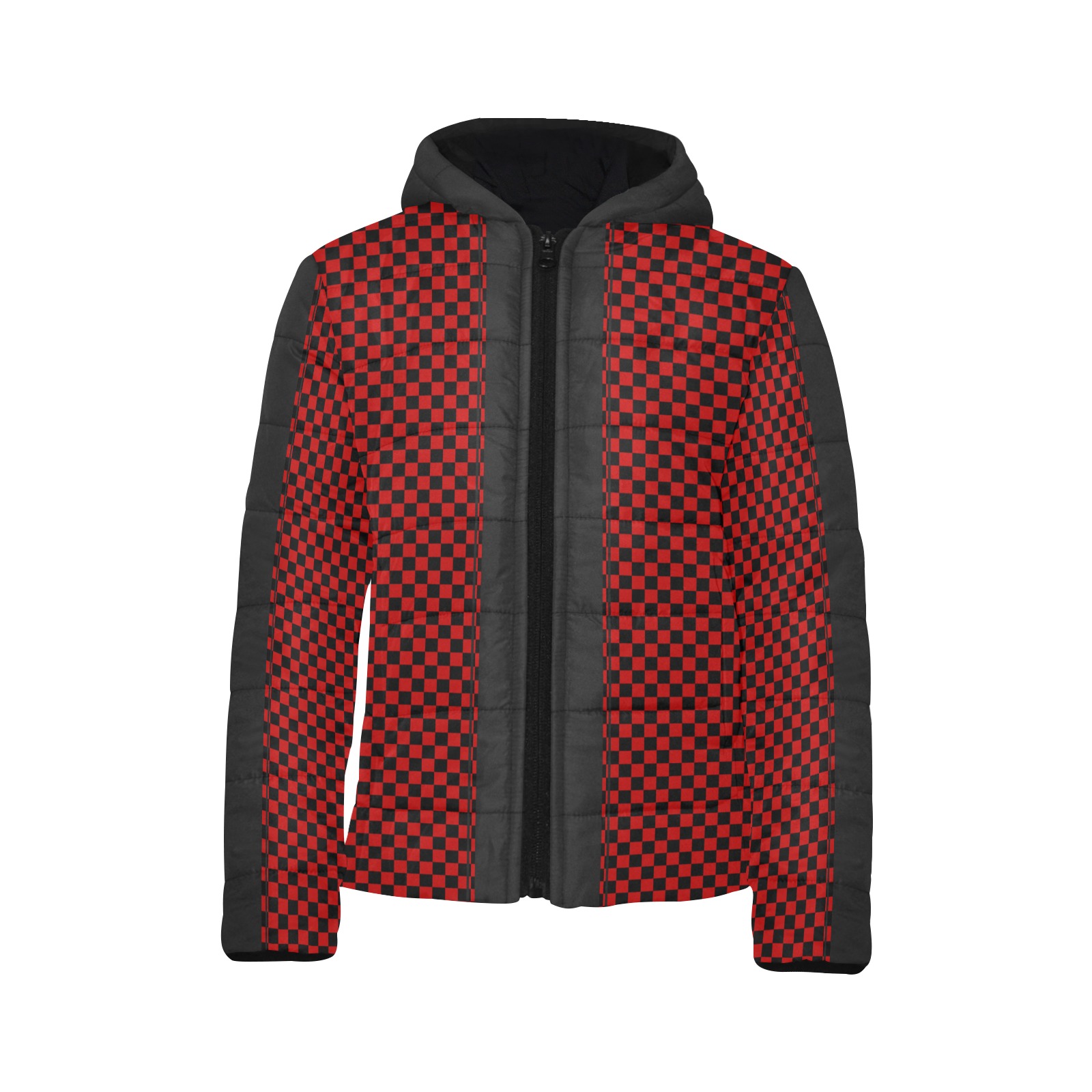 Checkerboard Red Black Stripe Racing Kids' Padded Hooded Jacket (Model H45)