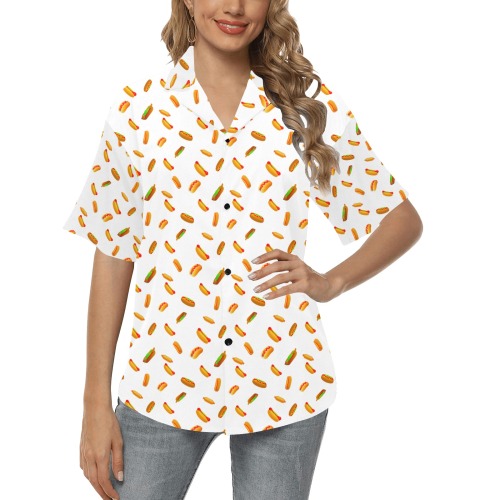 Hot Dog Pattern on Black All Over Print Hawaiian Shirt for Women (Model T58)