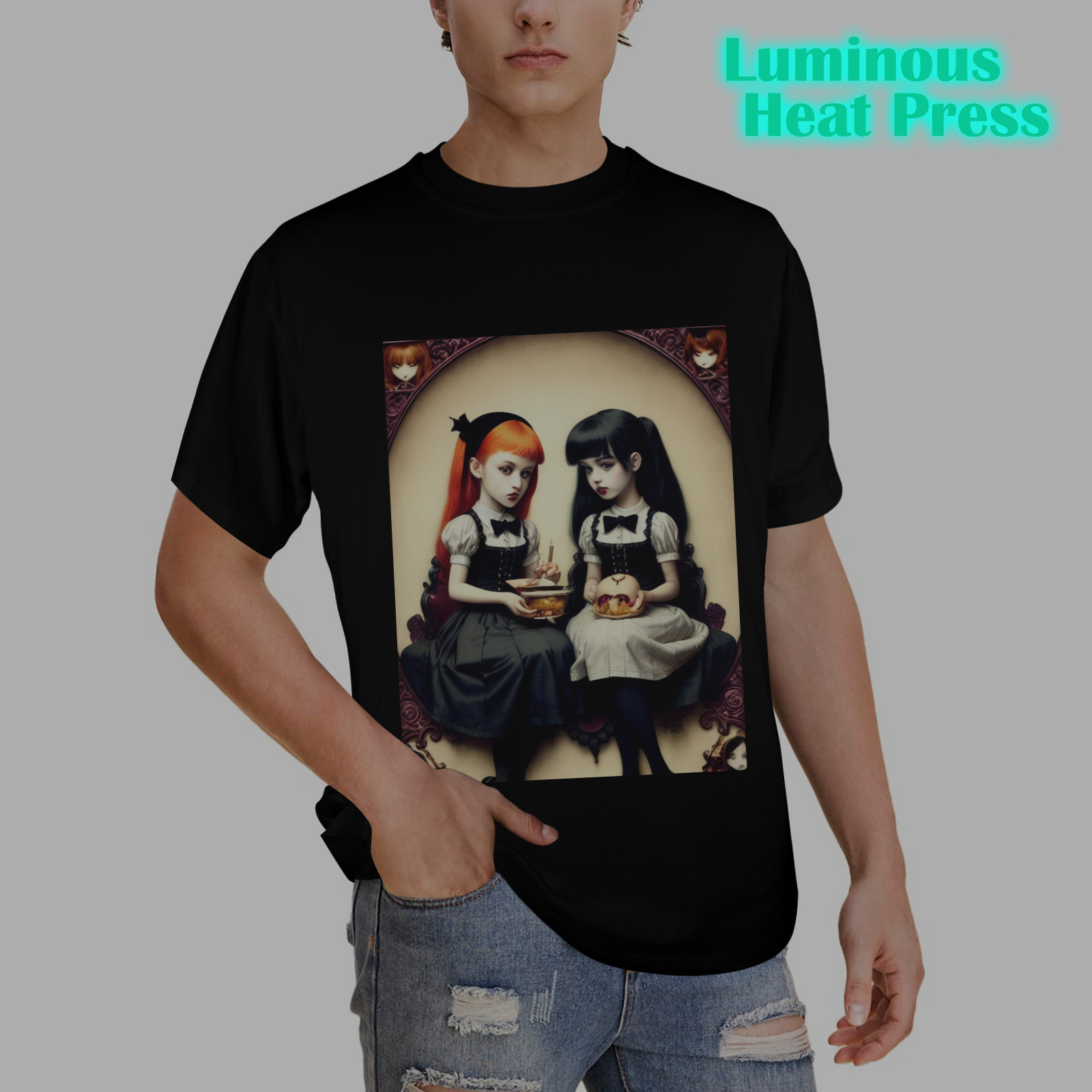 cute adorable gothic girls eating 6 Men's Glow in the Dark T-shirt (Front Printing)