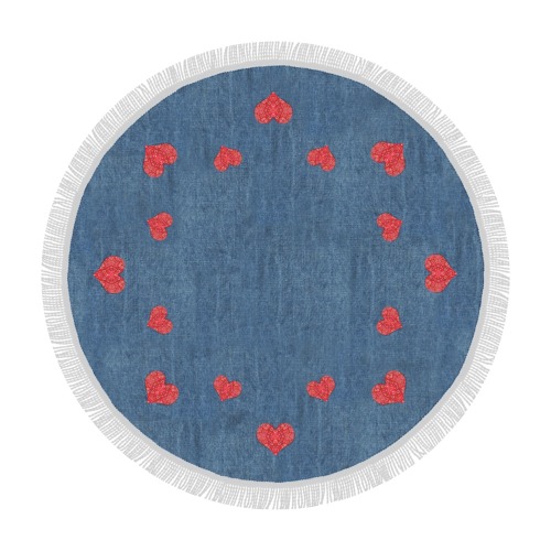 Red Bandana Hearts on Denim-Look Circular Beach Shawl 59"x 59"