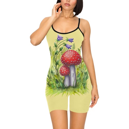 Red Mushroom Violet Flower Floral Watercolors on yellow Women's Short Yoga Bodysuit