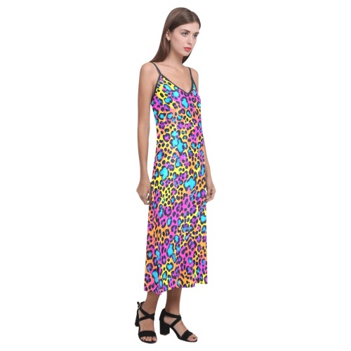 Rainbow Leopard Print V-Neck Open Fork Long Dress(Model D18)