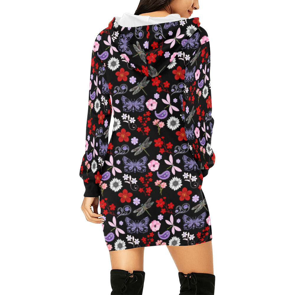 Black, Red, Pink, Purple, Dragonflies, Butterfly and Flowers Design All Over Print Hoodie Mini Dress (Model H27)