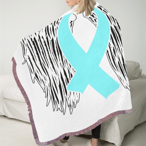 Winged Awareness Ribbon (Light Blue) Ultra-Soft Fringe Blanket 30"x40" (Mixed Pink)