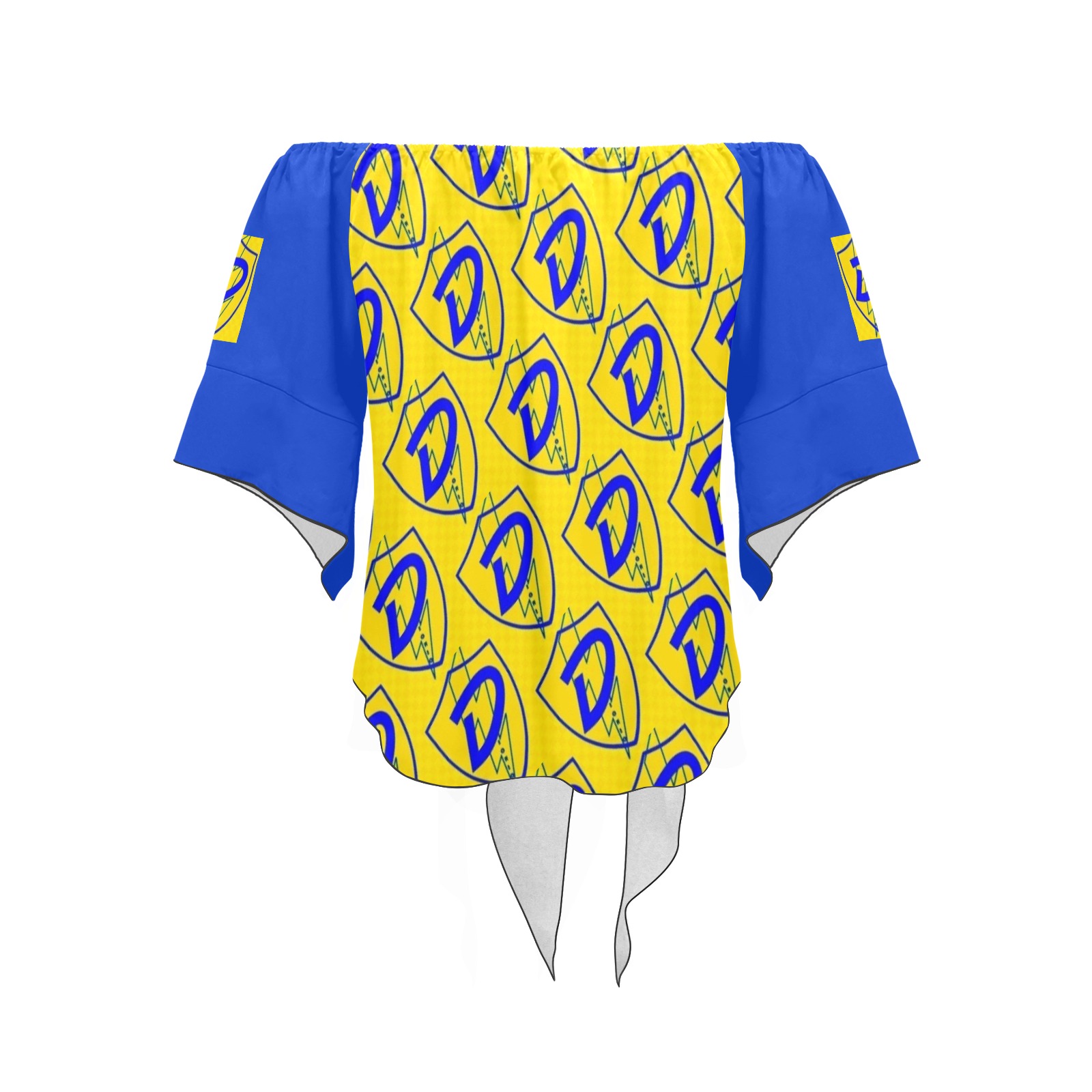 DIONIO Clothing - Women's Off Shoulder Knot Blouse (Blue Grand Prix Logo) Off Shoulder Knot Front Blouse (Model T71)