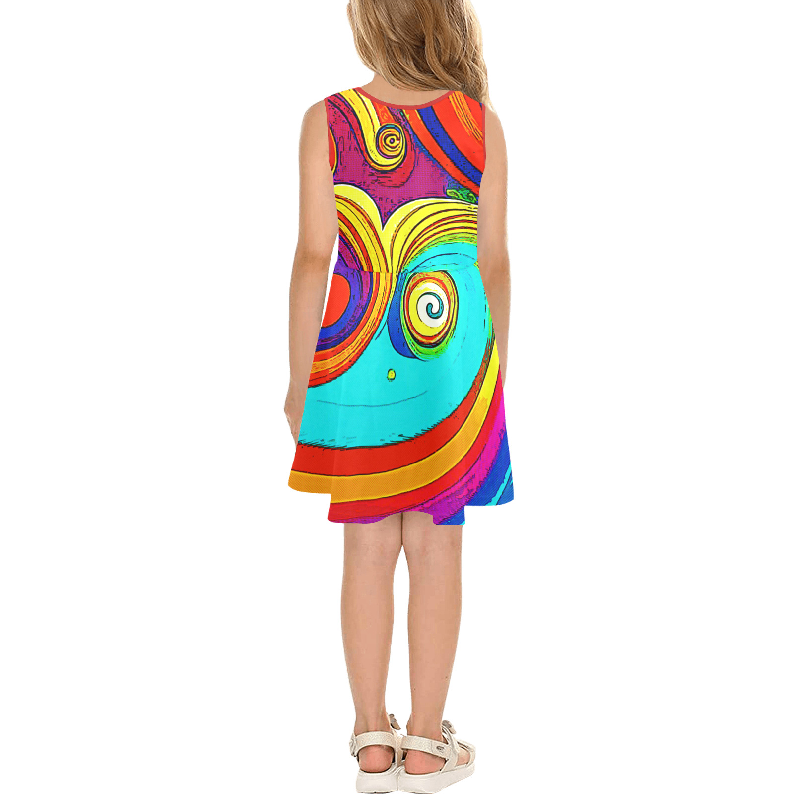 Colorful Groovy Rainbow Swirls Girls' Sleeveless Sundress (Model D56)